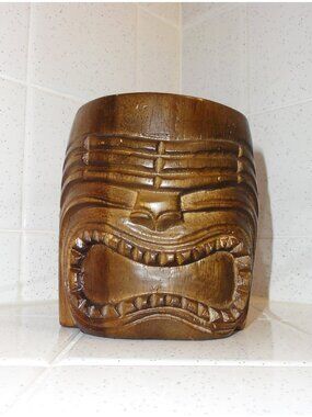 Vintage Hand Carved Wood Tiki Mug w/ Handle mcm retro tiki room Hawaiian